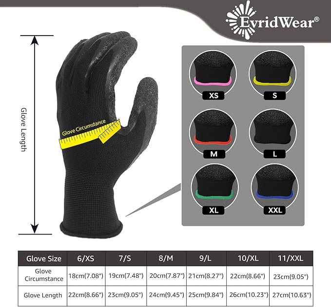 Evridwear Crinkle Latex Rubber Hand Coated Safety Work Gloves for Men Women General Multi Use Construction Warehouse Gardening Assembly Landscaping,Black XX-Large 12 Pairs Pack