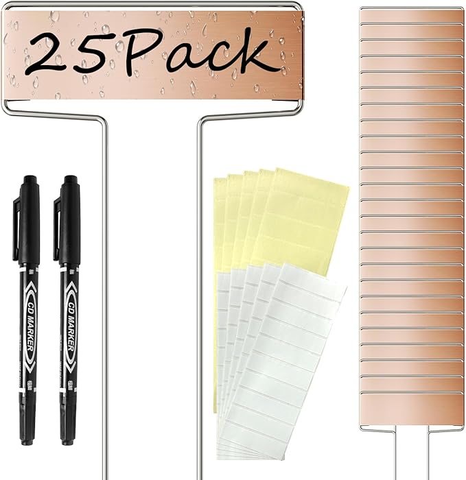 25PCS Copper Metal Plant Tags Plant Labels with 50Pcs Labels, Rainproof PET Film & 2 Permanent Pen, 6.1 inch Weatherproof Banner Garden Markers, Marking Protection Seedling Signs Nursery Tags