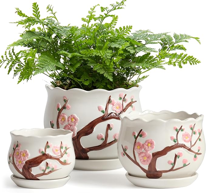STHIE Ceramic Plant Pots with Drainage Holes and Saucers, Round Flower Pots for Indoor Plant, 4/5.2/6.6 Inches Small Flower Planters Set of 3