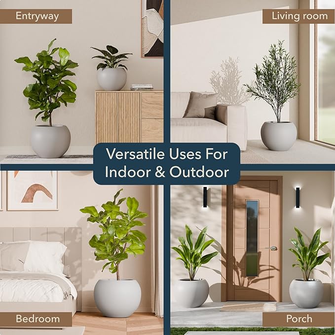 KUTE NEST 12.8" H x 16" D Premium Globo Fiberstone Round Planter - Smooth Finishes, Weather Resistant for Indoor & Outdoor Use, Included 2 Extra Coco Mats (Light Gray, 10.7" Pot Opening)