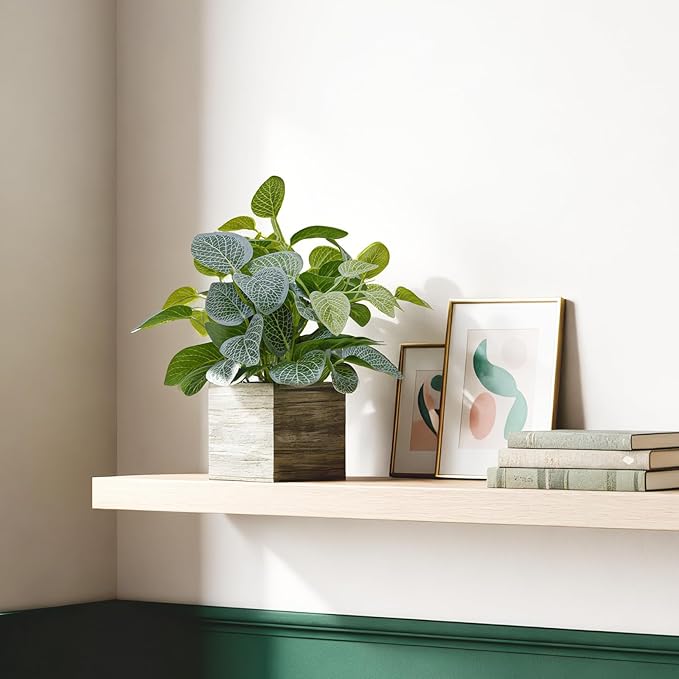 2 Pack 12" Medium Eucalyptus Fake Plants, Artificial Plants Indoor with 4 Inch Wooden Planters, Faux Potted Plants for Home Decor, Desk, Shelves, Desktop, Coffee Table, Bedroom
