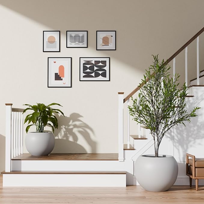 KUTE NEST 9.7" H x 12" D Premium Globo Fiberstone Round Planter with Drainage Hole, Weather Resistant for Indoor & Outdoor Use, Included 2 Extra Coco Mats (Light French Gray, 7.8" Pot Opening)