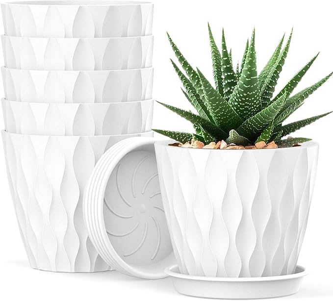 UOUZ 4 Inch Small Pots for Plants, 6 Pack Waffle Texture Small Plant Pots for Succulents, Plastic Planter with Drainage Holes and Saucers for Indoor Outdoor Plants, Flowers, Herbs, Seedlings, White