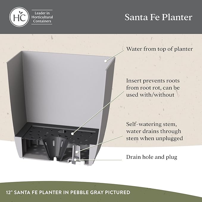 The HC Companies Santa Fe Square Self-Watering Pot - Lightweight Plastic Planter for Herbs & More - Durable Plant Pots for Indoor Plants & Outdoor Plants (12" Pebble Gray, Pack 1)
