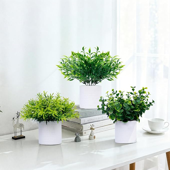 FGSAEOR Mini Potted Fake Plants, Small Artificial Greenery Plants Topiaries, Low Maintenance, Shelf Desk Room Table Office Home Decor (3-Pack) (White Pot - Green)