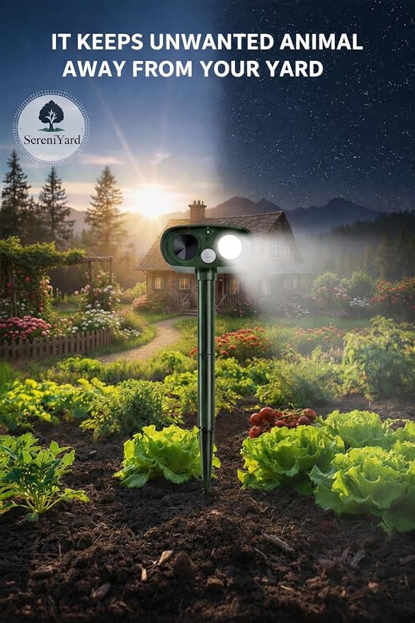 Solar Ultrasonic Animal Repeller - Waterproof - Motion Activated - Humane Pest Control with LED Flash for Modern Garden for Deer - Squirrel -Raccoon -Rabbit -Fox -Skunk -2026 New Generation