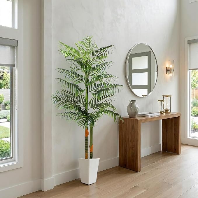 6FT Artificial Palm Tree Tall Plant with Planter & Moss, Realistic 2-Trunk Artificial Tree with Lights, Lifelike Leaves Fake Palm Tree, Low Maintenance Palm Tree Decor for Home Office Living Room