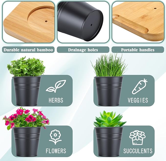 LemonRoad 6 Pcs Indoor Herb Planter Window Herb Pots for Kitchen with Drainage Hole and Bamboo Tray Farmhouse Metal Garden Planter Pot with DIY Label Mom Plant Gift(Black,Round)