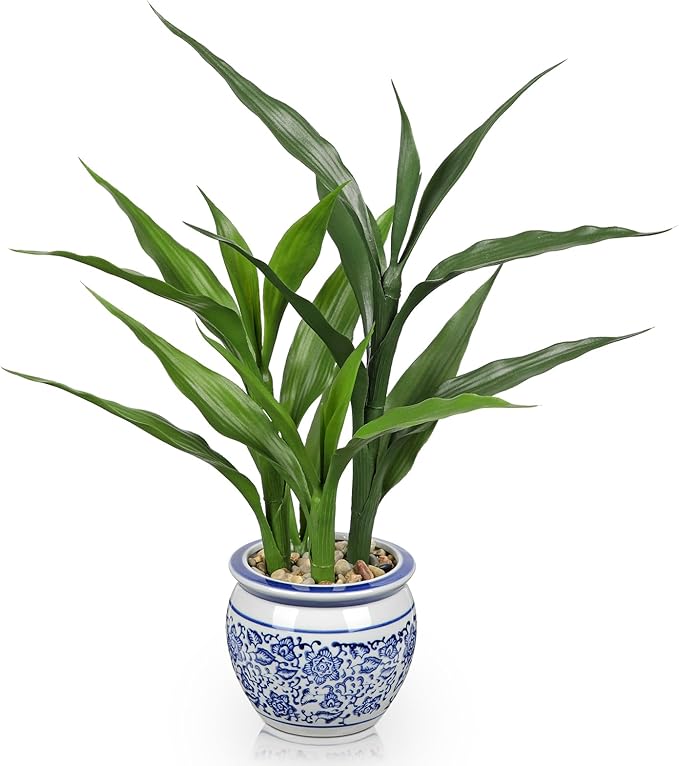 Artificial Potted Plants Indoor Home Decor 16.5" Tall Fake Lucky Bamboo Plant in Blue and White Ceramic Pot Faux Potted Plants Indoor Houseplant for Home Tabletop, Office Desk, Shelf, Zen Room