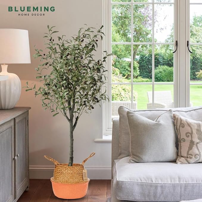 Blueming Large Wicker Planter Basket – 12 Inch Seagrass Plant Pot in Boho Orange for Olive Trees, Faux Plants, or Indoor Decor, Woven Baskets Basket for Living Room or Modern Home Styling