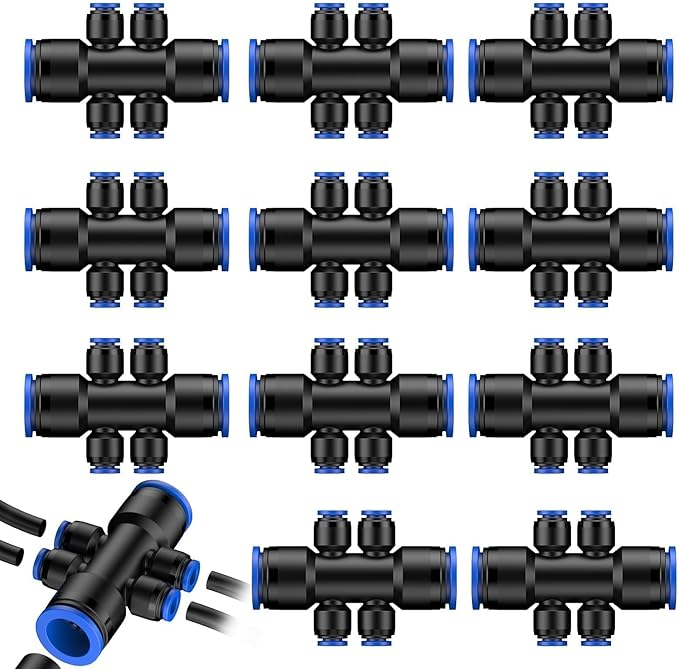 Pawfly 12 Pcs Quick Connect 1/2" to 1/4" Drip Irrigation Fittings for 1/2" Tubing (0.62-0.63" OD), Push-to-Fit 6-Way Reducing Tees Reducer Tee Connectors, Anti-Leak Drip Irrigation Tee Fittings