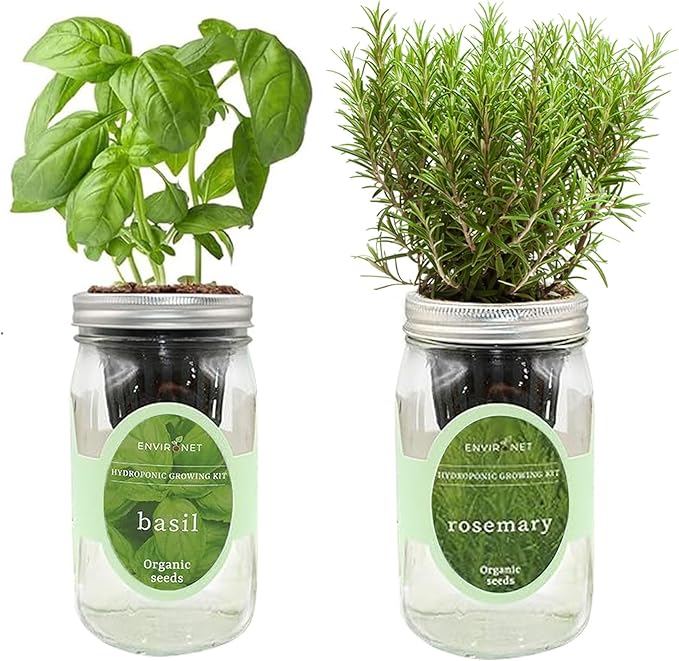 2-Pack Hydroponic Mason Jar Herb Garden Kit, Indoor Herb Garden Self-Watering Starter Kit, New Christmas Gift for Mom (Basil,Rosemary)