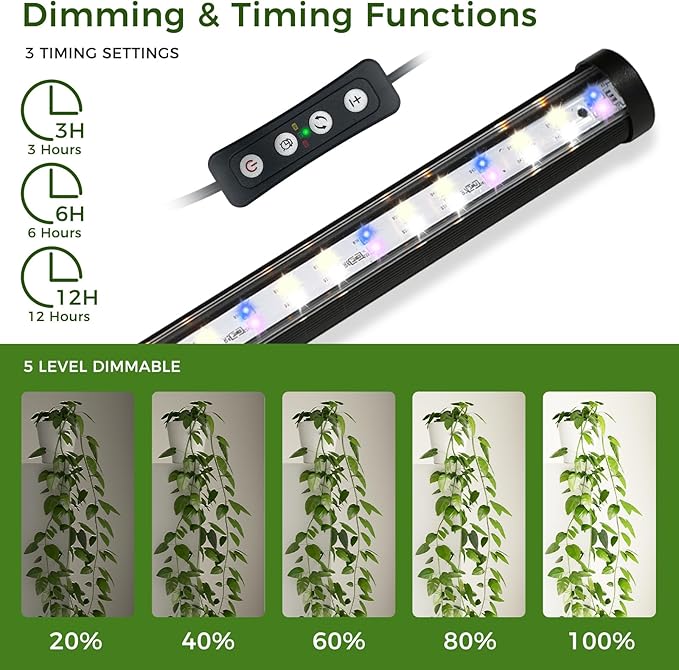 Grow Lights for Indoor Plants with Timer, 192 LEDs 42W Vertical Full Spectrum Grow Light 65 Inch Standing Grow Lights 3 Light Modes 5-Level Dimmable Wide Coverage