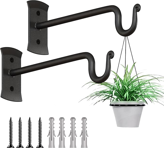 RTZEN Plant Hangers Outdoor or Indoor - Wrought Iron Metal Hanger Indoor Hook - Heavy Duty Wall Bracket Hooks for Hanging Plants Baskets Lanterns Wind Chimes - 2 Pack (Black Shepherds Hooks 10")
