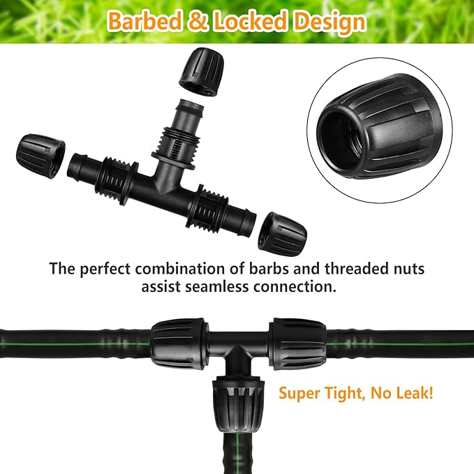 Drip Irrigation Fittings for 1/2 Inch Drip Tubing (1/2" ID x 0.65" OD), 10 Pcs 1/2'' Drip Line Tees Anti-Drop Locked Nut Barbed Tee Connectors Garden Irrigation Parts for Drip Systems