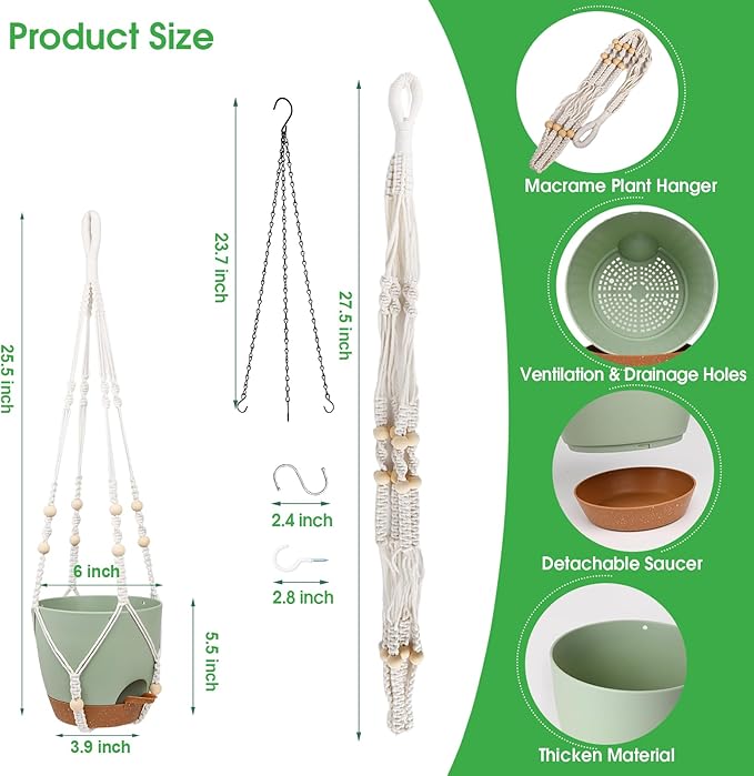 Vanslogreen Hanging Planters for Indoor Outdoor Plants, 2 Pack Self Watering Hanging Pots, Hanging Plant Baskets with Drainage Holes & 2 Types of Plant Hangers (Green, 6'')