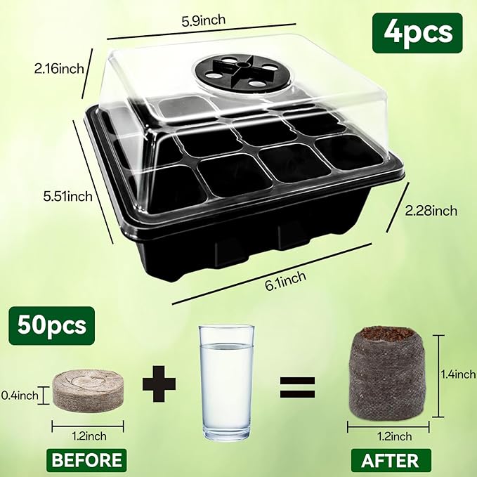 Halatool 8 Pack Seed Starter Tray with 100 PCS Peat Pellets, 96 Cells Black Seeding Starter Trays for Organic Seed Starter Soil Pods for Planting Vegetables Plants Flowers - Starting Seeds Kit