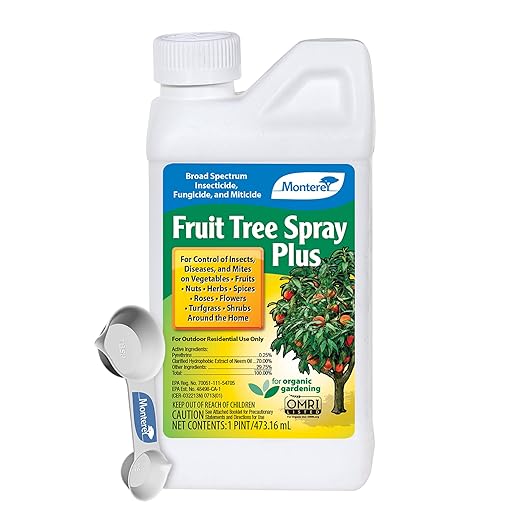 Monterey Fruit Tree Spray Plus for Control of Insects, Diseases, and Mites - Organic Gardening OMRI Listed, Contains Neem Oil and Pyrethrins, Bundled with Garden Measure Spoon - 16 oz