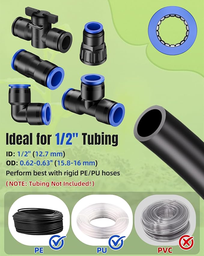 Pawfly 20 Pcs Quick Connect Drip Irrigation Fittings Kit for 1/2" Tubing (0.62-0.63" OD), Drip Line Connectors Set with 4 Tees 4 Couplings 4 Elbows 4 End Plugs 2 Shut Off Valves & 2 Faucet Adapters