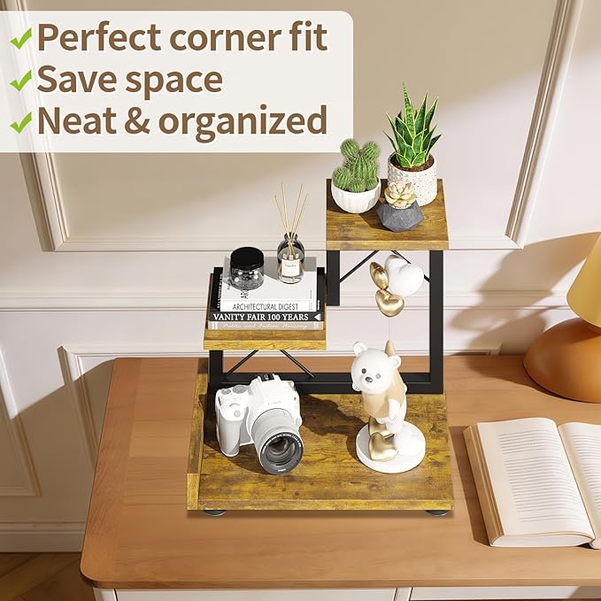 LASZOLA Indoor 3 Tier Table Top Corner Plant Stand, Heavy Duty Wood and Metal Succulents Shelf, Vertical Countertop Planter Display Rack Organizer for Office Kitchen, Desk Accessories, Rustic Brown