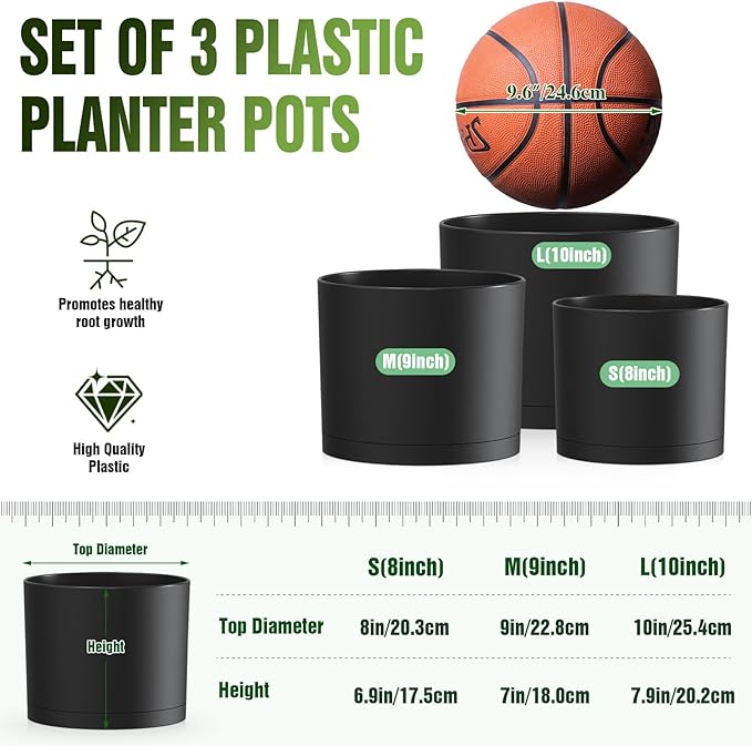 10/9/8 Inch Large Plant Pots with Drainage Holes and Trays, 3 Pack Modern Minimalist Cylinder Planters for Monstera, Snake Plant, Indoor Outdoor (Matte Black)