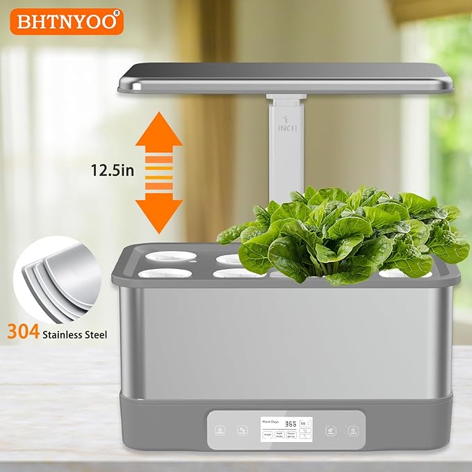 Indoor Herbs Garden,WiFi&APP-Hydroponics Growing System Kit,BHTNYOO/8 Pods Soilless Planting Gardening Boxs with LED Grow Lights,Water Pump, Timer,Timer,for Home(Grey)