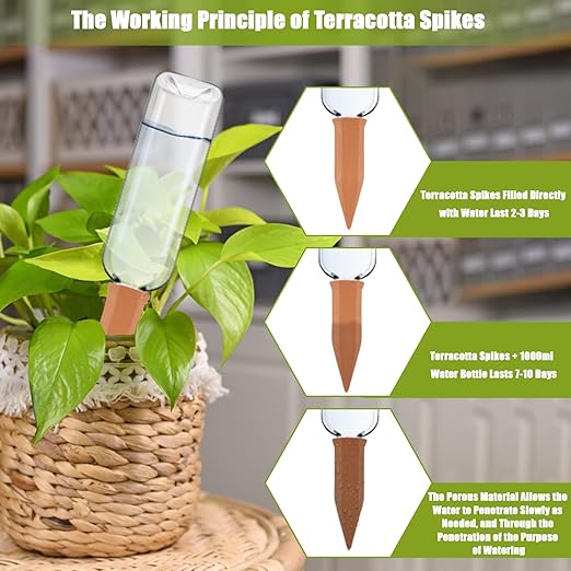 8 Pcs Plant Watering Devices Terracotta Self Watering Plant Spikes and Plastic Bottles, Automatic Terra Cotta Watering Spikes Plant Waterer Slow Release Planter for Indoor Outdoor Home Vacation