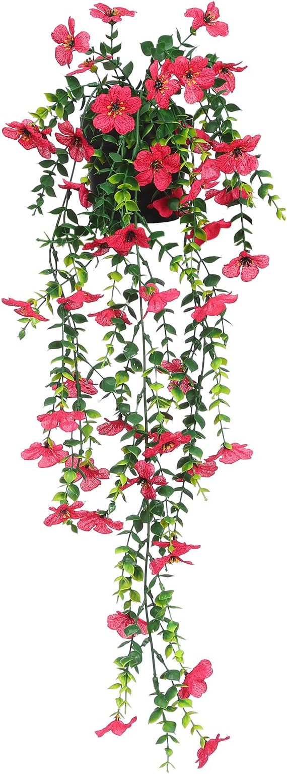 FAVOWREATH Fake Plants Hanging Artificial Potted Faux Eucalyptus Plants and Flowers for Modern Boho Farmhouse Bathroom Office Desk Wall Book Shelf Living Room Aesthetic Decor Indoor (Rose Red)