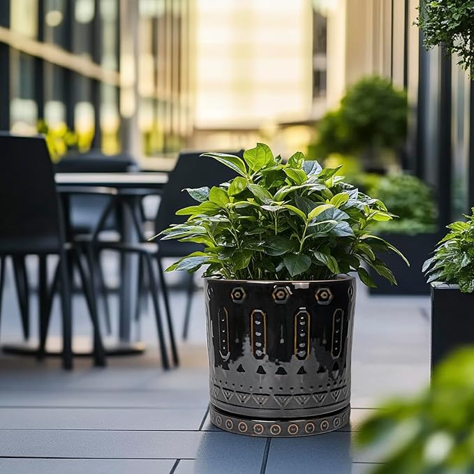 Eightpot Ceramic Pots for Plants - 12 Inch Large Planter with Drainage Hole and Saucer, Ceramic Flower Pots for Indoor Outdoor, Boho Round Planter, Patio Decor, Gifts for Plant Lover, Black