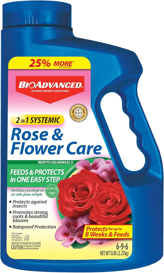 BioAdvanced 701100A 2 In 1 Rose Fertilizer and Flower Care Systemic Granules II Insect Killer, 5-Pound, Systemic Insecticide