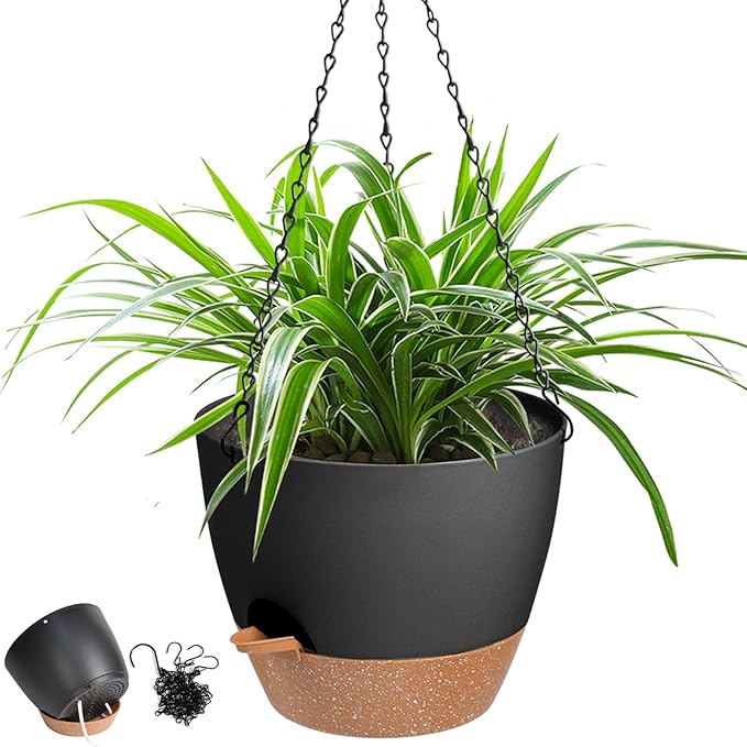 Vanslogreen Hanging Planters for Indoor Outdoor Plants, 1 Set Self Watering Hanging Pot with Drainage Holes & Removable Tray (Black-12inch, 12'')