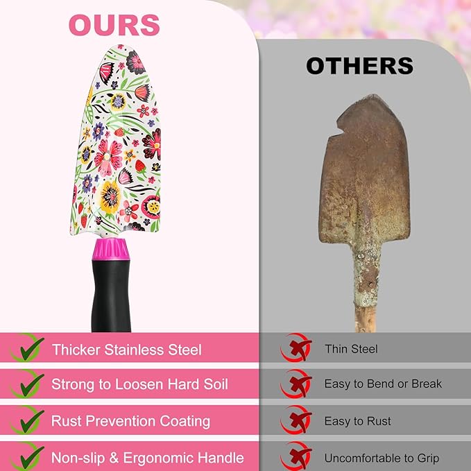 Housolution Gardening Tools Set, 10 PCS Stainless Steel Heavy-Duty with Non-slip Soft Rubber Handle with Large Garden Bag, Floral Pattern Gardening Tool Set Gifts for Women Birthday Mother's Day, Pink
