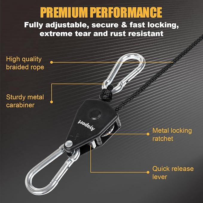 Ayaport Adjustable Rope Hanger Grow Light Hanger, 1/8 Heavy Duty Plant Pulley Rope Tightener Ratchet Tie Down for Kayak, Tarp, Tent Tie Downs, Hanging Plants, Filters, Fans