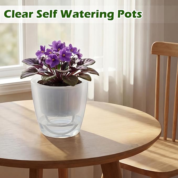 9 Pcs 3 Each of 5'', 6.5'', 7'' Clear Self Watering Plant Pots, Transparent African Violet Pots with Drainage Holes Plastic Wick Flower Planters for Indoor Flowers, Spider Plant, Orchid Pot