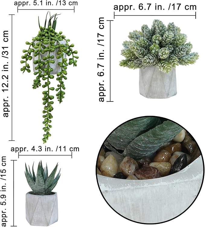Winlyn Set of 3 Mini Artificial Succulent Plants Potted Small Fake Aloe Hops String of Pearls Plants in Gray Hexagon Ceramic Pots for Modern Home Office Desk Living Room Kitchen Table Shelf Décor