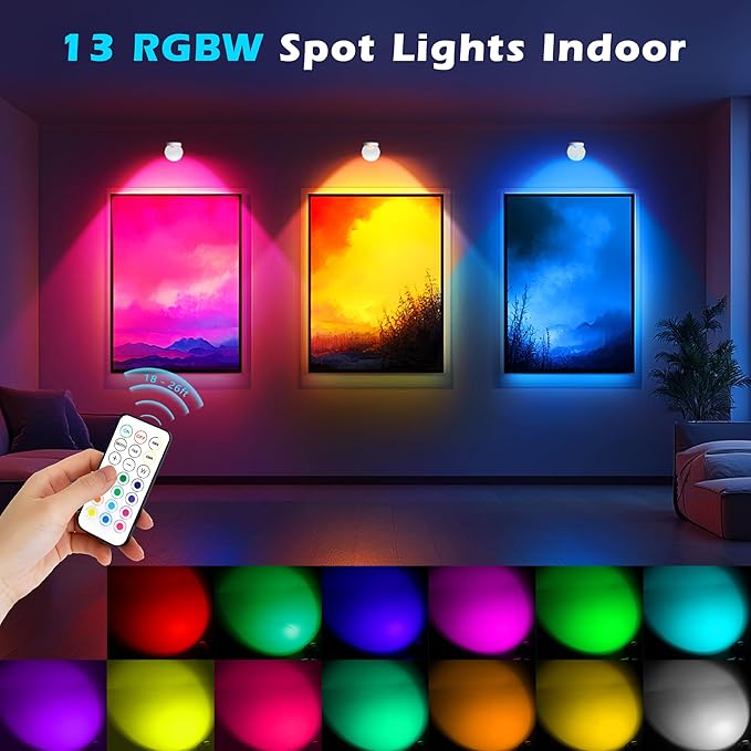 2 Pack Rechargeable LED Spotlight for Indoor, Wireless RGB Spot Light with Remote, Magnetic Picture Battery Operated Lamp, Ceiling Uplight Puck Lights with Rotatable Head for Plant Portrait Artwork