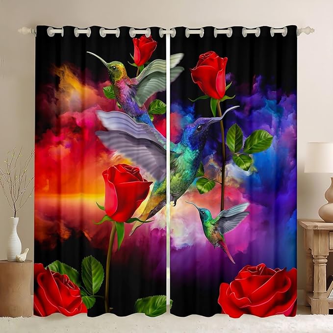 3D Hummingbird Curtains & Drapes,Wild Tropical Birds Jungle Animals Window Treatments,Red Rose Flowers Blackout Curtains,Rainbow Misty Galaxy Window Curtains Purple Blue Orange 2 Panels 38"Wx45"L