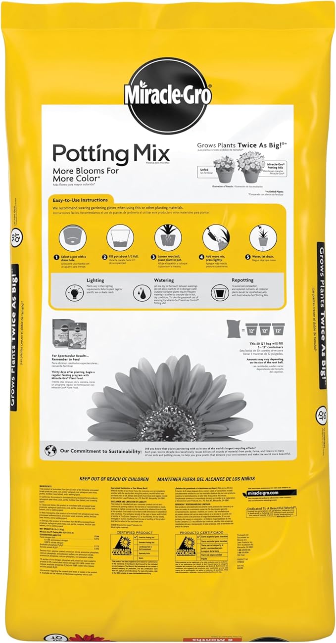 Miracle-Gro Potting Mix - Potting Soil for Vegetables, Flowers, Annuals, Perennials, Shrubs and Other Container Potted Plants, Feeds up to 6 Months, 50 qt. (39-Bag Pallet)