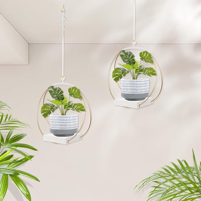 hismocal 2 Pack Hanging Planter Holder for Indoor Plants, Plant Hanger with Sturdy Wood Base,Modern Boho Macrame Wall Ceiling Window Stands(Plants/Pots Not Included)