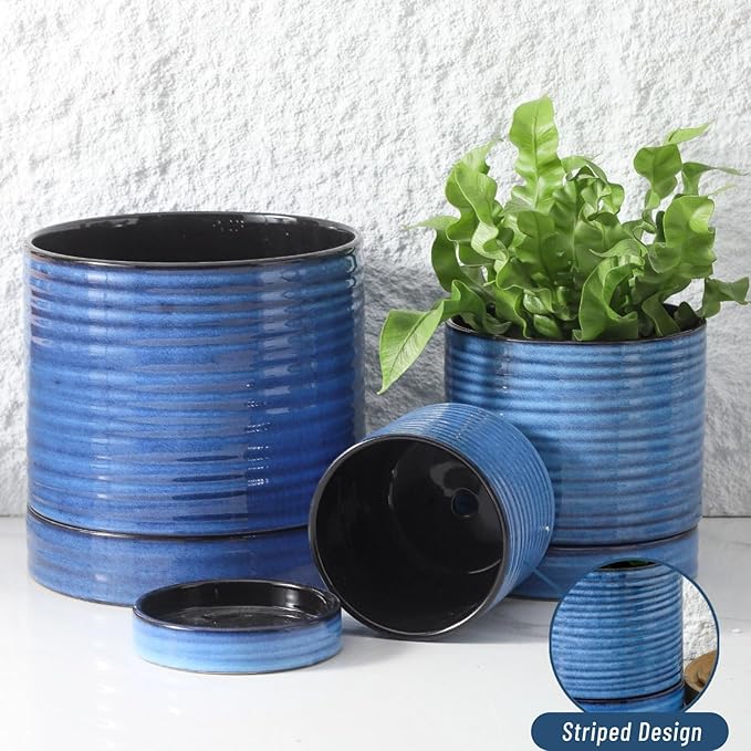 HASENSE 3 Piece Ceramic Plant Pots, 8/6/4.6 Inch, Indoor Pot for Plants with Drainage Holes and Saucer, Modern Flower Planter for Home Office, Blue