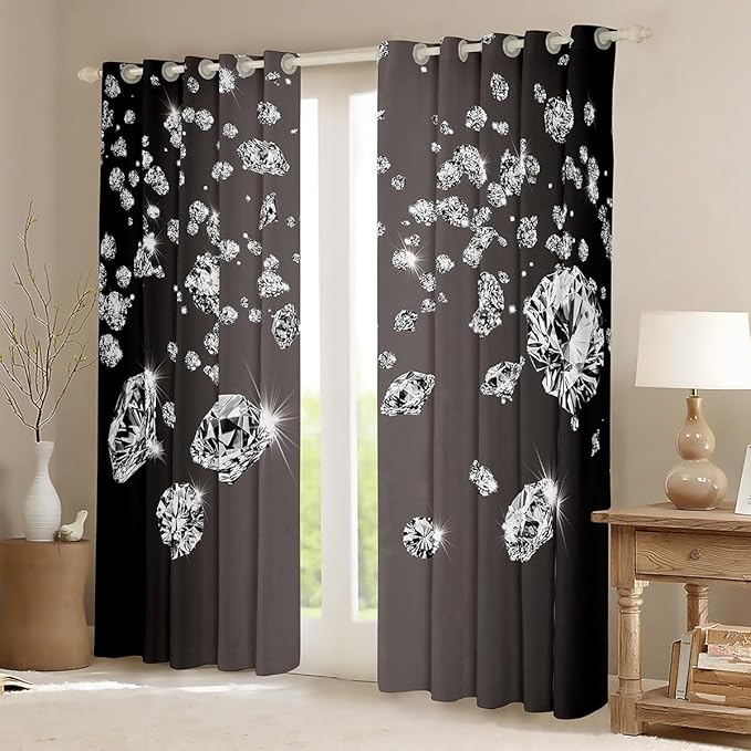 Erosebridal Glitter Curtains & Drapes Adult,3D Sparkles Crystal Window Treatments 2 Panels 42" Wx84 L,Silver Diamond Black Blackout Curtains,Grey Gradient Window Curtains Fashion Decor