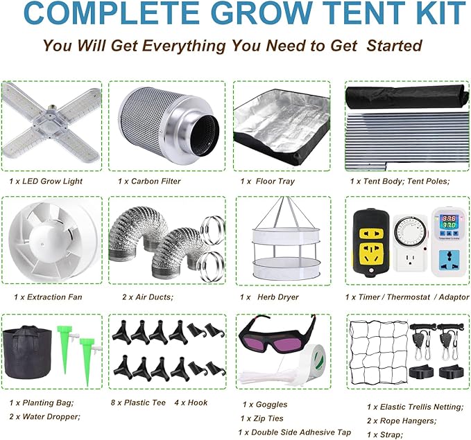 Grow Tent Kit Complete System High Reflective Mylar Indoor Grow Tent Hydroponics Growing Tent with Full Spectrum LED Grow Light Observation Window, Ventilation Fan,Carbon Filter (48"x24"x80")