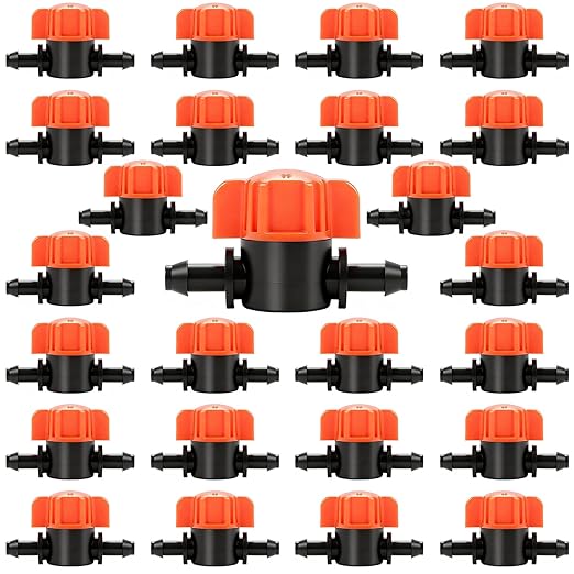 1/4 Inch Drip Irrigation Shut Off Valve: 25 Pack 1/4" Drip Line Barbed Valves Fittings for 1/4 Inch Irrigation Tubing Water Flow Control in-Line Valve for Garden Watering System