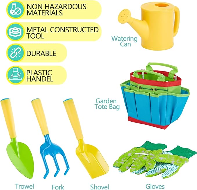 FITNATE Green Kids Garden Tools Set,6 PCS Garden Tools Including Watering Can, Shovel, Rake, Fork, Children Gardening Gloves and Garden Tote Bag, All in One Set