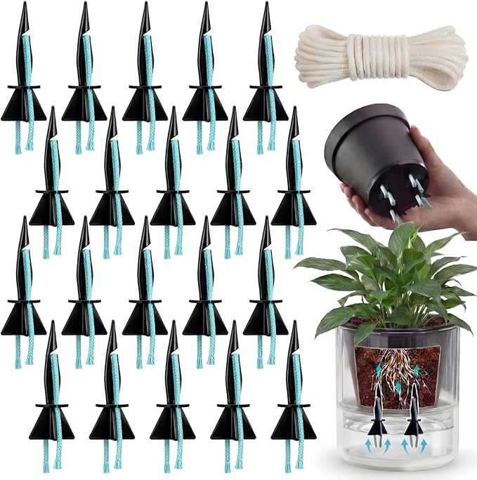 20 Pack Self Watering Spikes for Indoor Outdoor Plants, Automatic Plant Watering Stakes with 32.8ft Capillary Wick Rope, DIY Vacation Plant Waterer for Potted Plants, Seedlings, Garden Pots