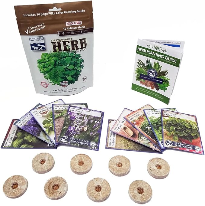 Culinary Herb Garden Kit – 10 Herb Seeds for Planting Indoors or Outdoors + 8 Soil Pucks – Basil, Cilantro, Lavender, Rosemary, Thyme & More