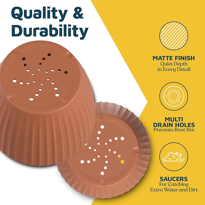 Terracotta 6-Inch Plant Pots with Drainage & Saucers 6 Pack, Indoor & Outdoor Planters for Houseplants, Herbs, and Flowers, Durable & Weatherproof Material, Stackable, Lightweight, Minimalist Design
