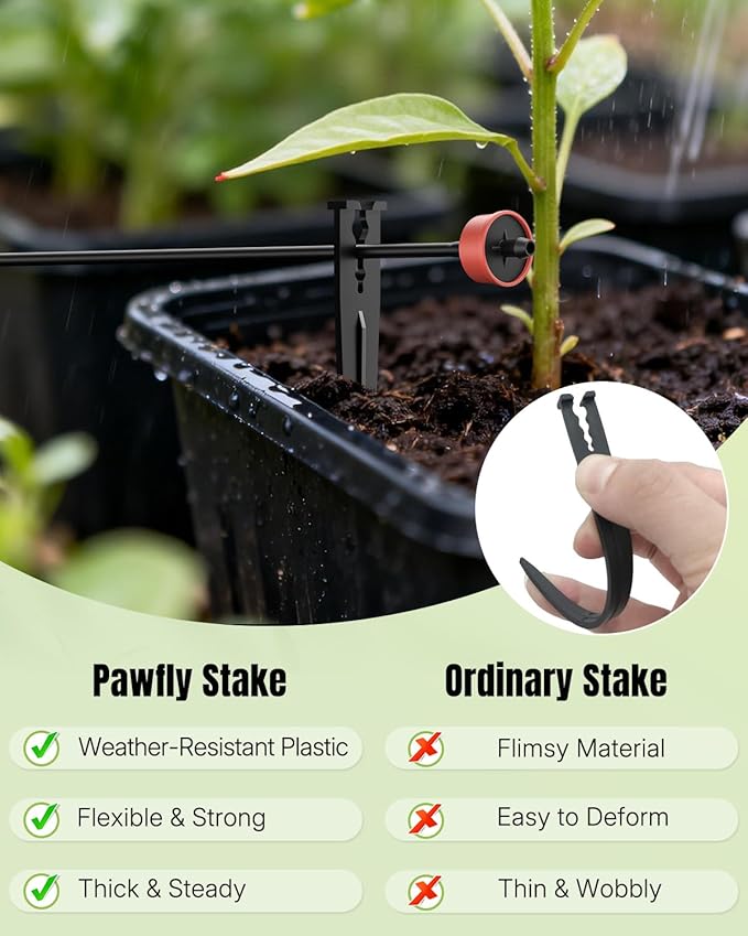 Pawfly 100 Pcs Irrigation Drip Support Stakes for 1/8"-1/4" Drip Lines, 5.6" Length, Plastic Drip Irrigation Stakes, 1/4 Inch Tubing Hose Holder, Drip Irrigation Support Stakes for Garden Patio Lawn
