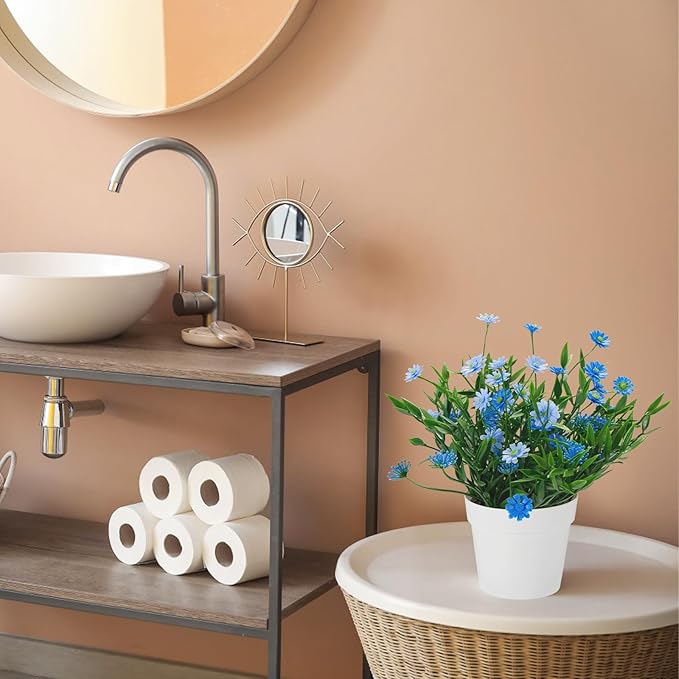 Fake Plants Daisy for Bathroom Decor, Small Potted Artificial Plants Indoor for Shelf Desk Home Bathroom Farmhouse Room Coffee Table Decor, Blue