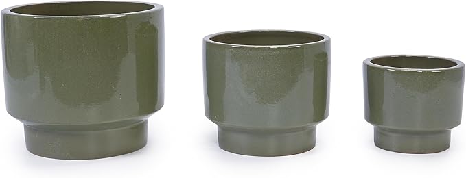 3-Piece Ceramic Flowerpot Set Modern Glossy Planters Elevated Base Drainage Hole Airflow Promoting Round Pots Succulents Flowers Patio Windowsill Frost Heat Weather Resistant (Antique Light Green)